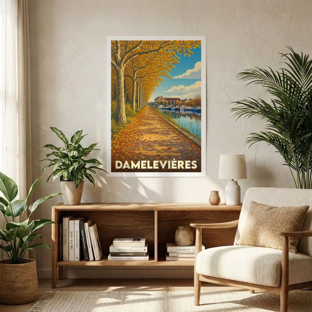 Affiche souvenir de la ville de Damelevières avec une illustration stylisée d'un chemin boisé en automne bordant l'eau.