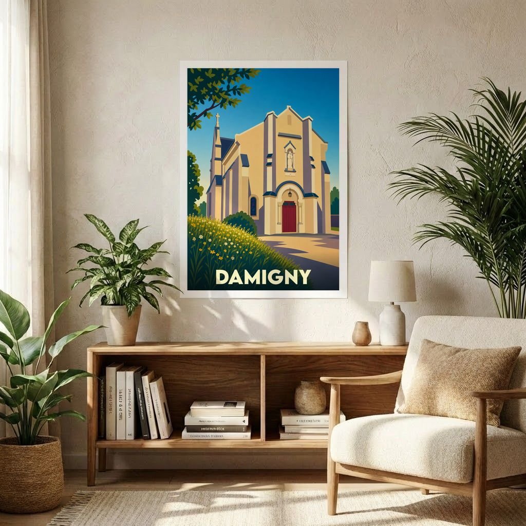 Affiche souvenir de la ville de Damigny illustrant son église dans un style graphique épuré et coloré.