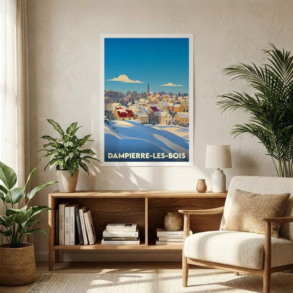 Affiche souvenir de la ville de Dampierre-les-Bois illustrant un paysage hivernal stylisé.