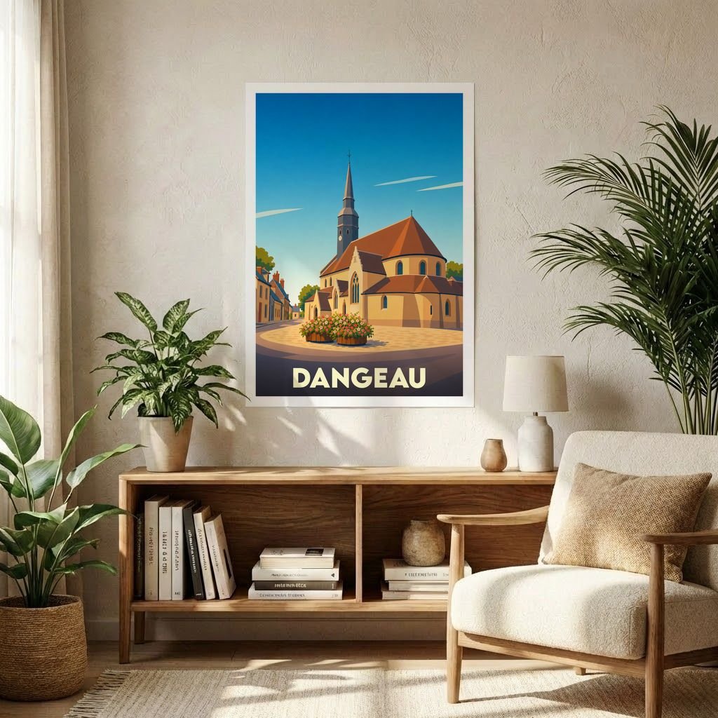 Affiche souvenir de la ville de Dangeau représentant son église dans un style graphique épuré.