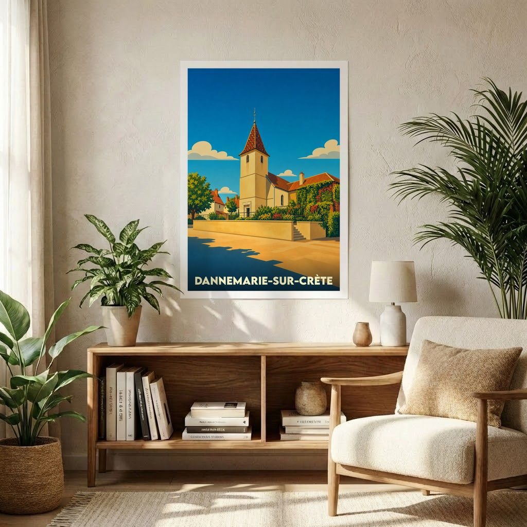 Affiche souvenir de la ville de Dannemarie-sur-Crète avec une illustration stylisée d'une église sous un ciel bleu.