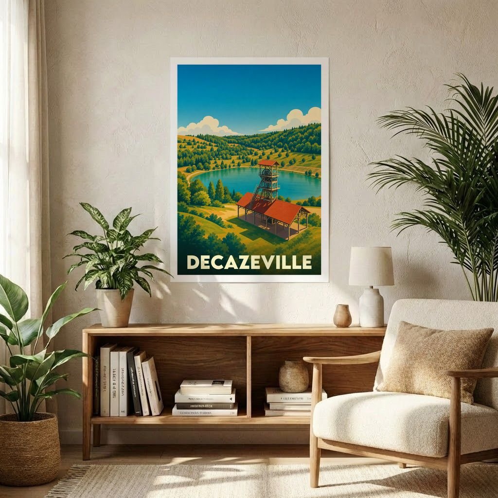 Affiche souvenir de la ville de Decazeville illustrant un paysage minier et naturel dans un style rétro.