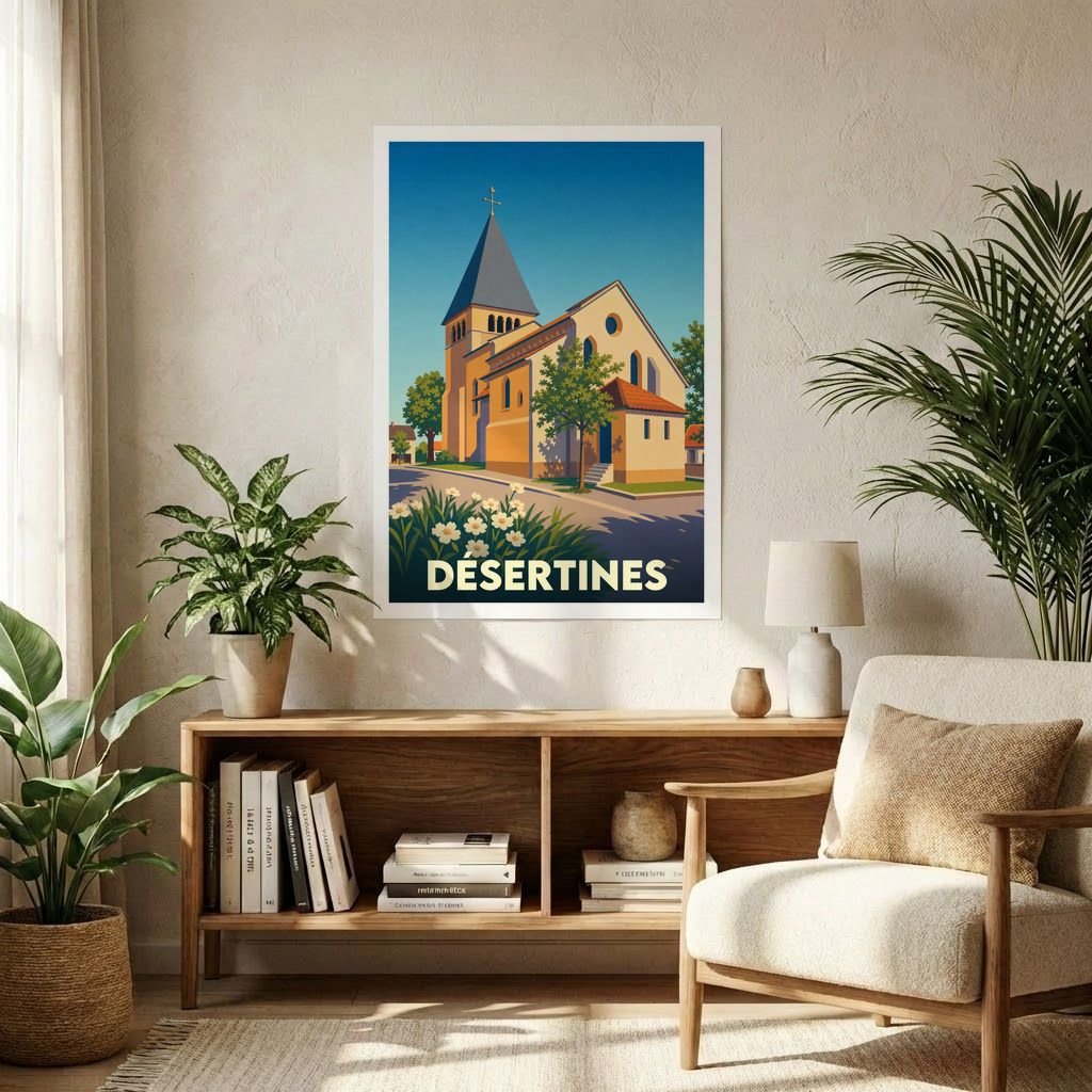 Affiche souvenir de la ville de Désertines représentant son église dans un style graphique épuré.