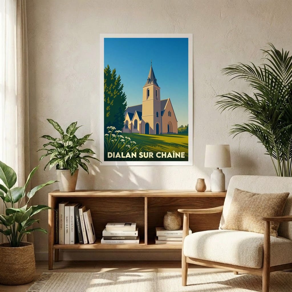 Affiche souvenir de la ville de Dialan sur Chaîne avec une illustration stylisée de son église sous un ciel bleu.