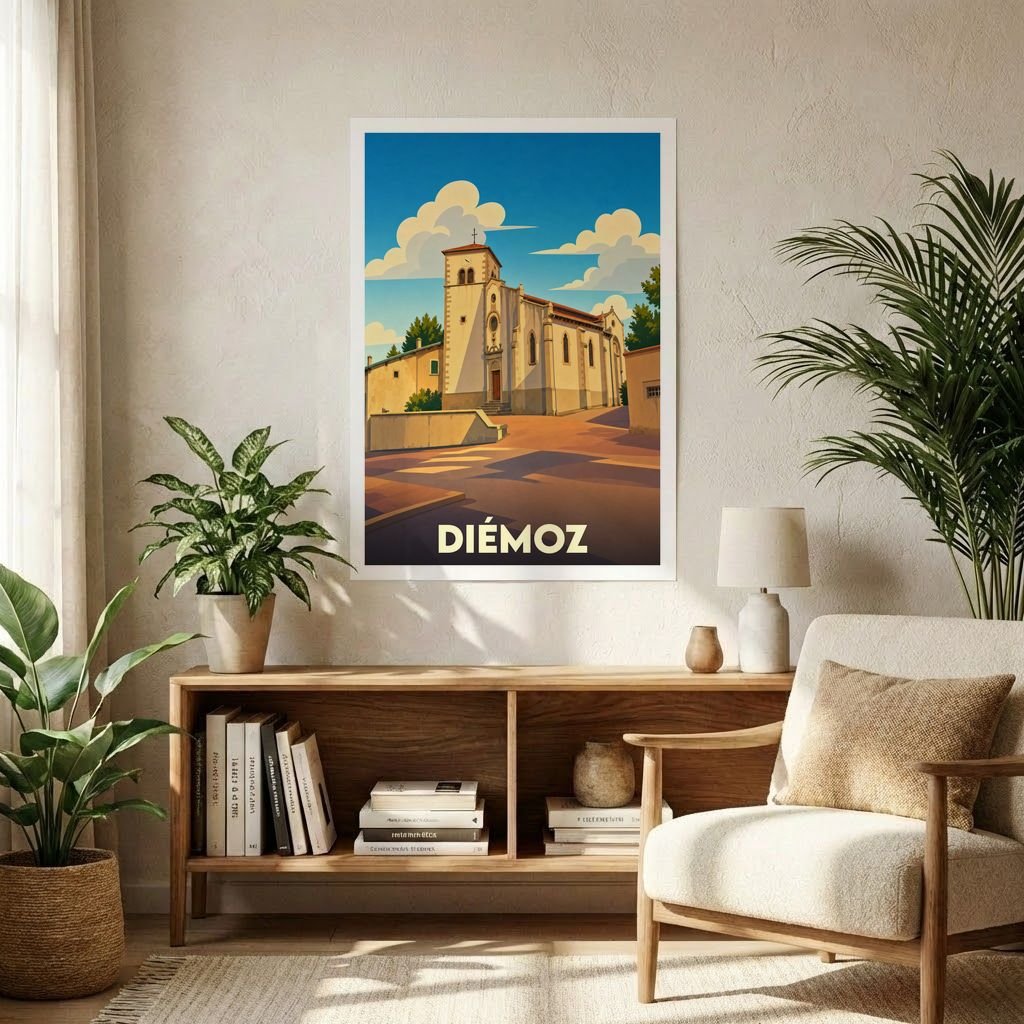 Affiche souvenir de la ville de Diémoz avec une illustration stylisée de son église sous un ciel azur.