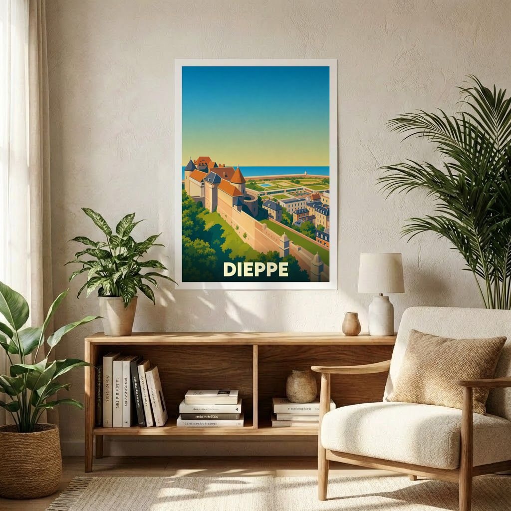 Affiche souvenir de la ville de Dieppe avec une illustration stylisée de son château surplombant la mer.