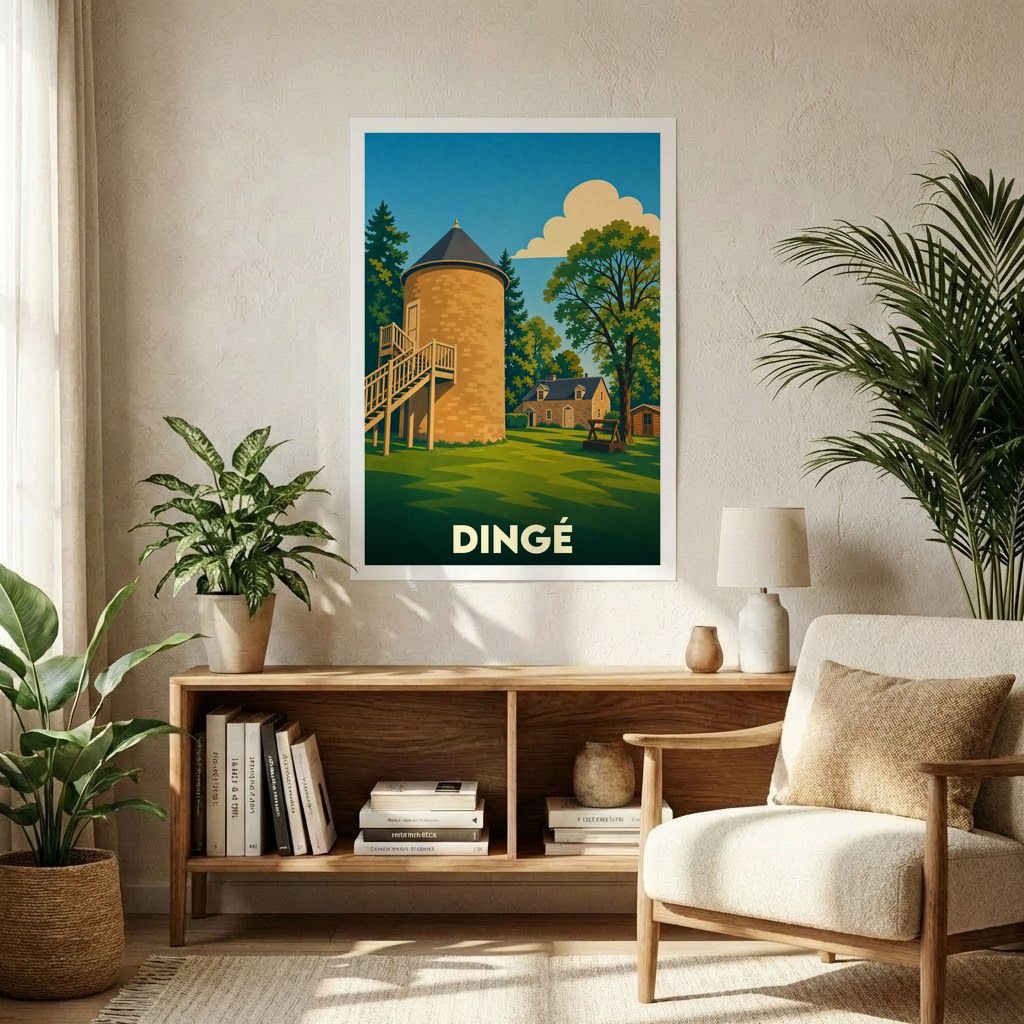 Affiche souvenir de la ville de Dingé avec une illustration stylisée d'un colombier et d'un paysage champêtre.