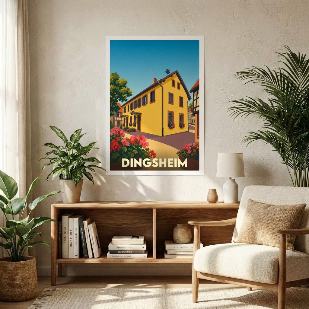 Affiche souvenir de la ville de Dingsheim représentant une maison traditionnelle alsacienne jaune dans un style graphique épuré.