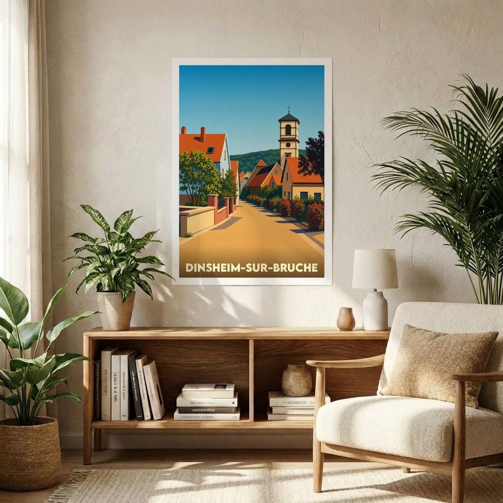 Affiche souvenir de la ville de Dinsheim-sur-Bruche avec une illustration stylisée d'une rue pittoresque et de son clocher.