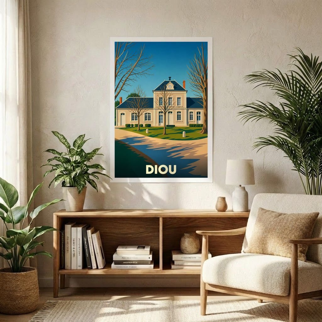 Affiche souvenir de la ville de Diou représentant une bâtisse élégante dans un style graphique épuré.