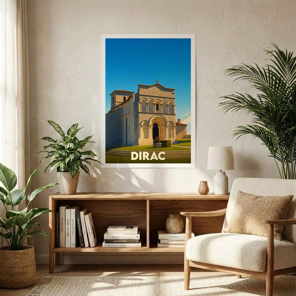 Affiche souvenir de la ville de Dirac avec une illustration stylisée de son église romane.