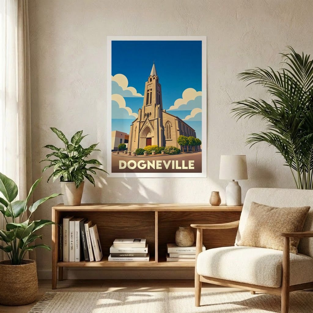 Affiche souvenir de la ville de Dogneville présentant une illustration stylisée de son église sous un ciel bleu.