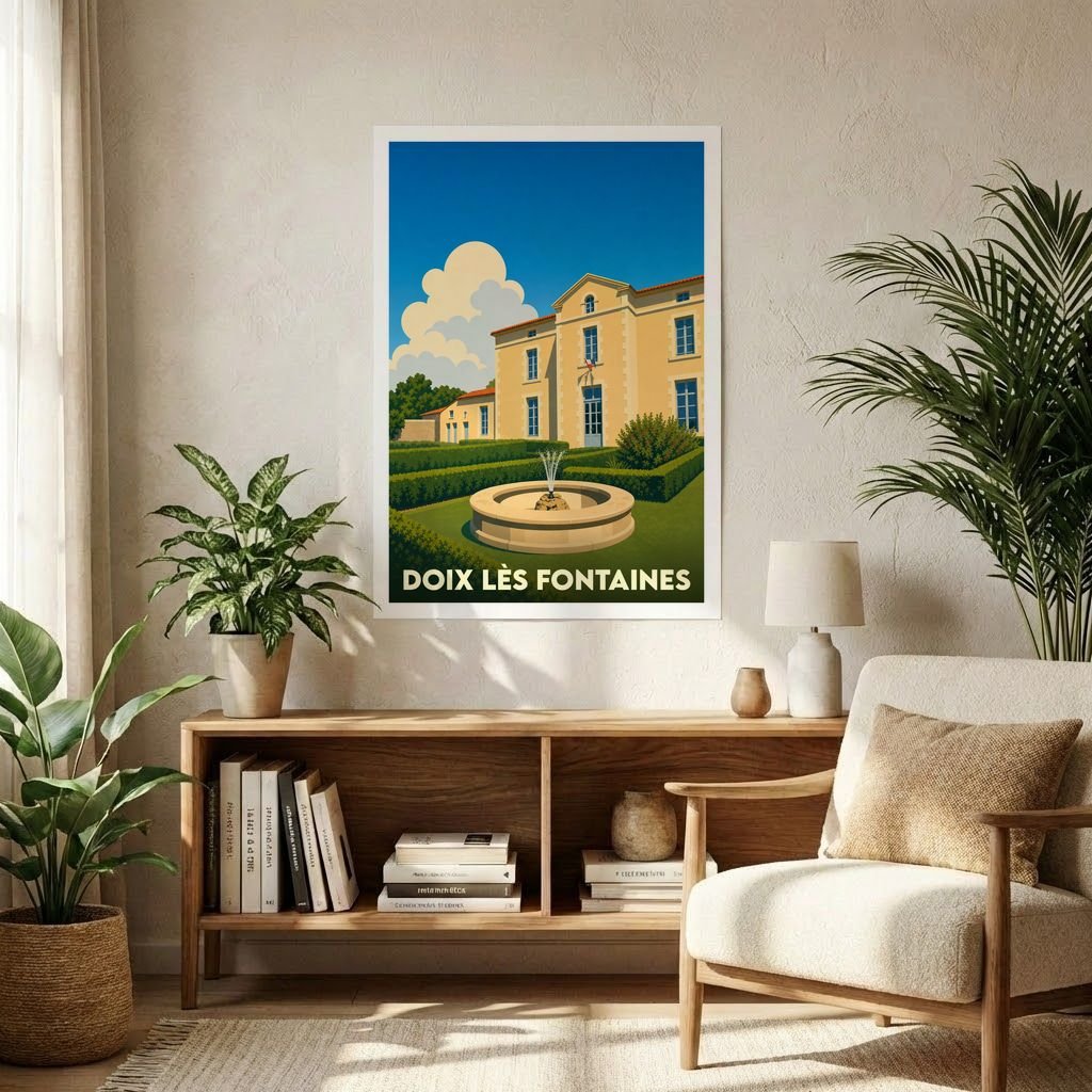 Affiche souvenir de la ville de Doix lès Fontaines avec une illustration stylisée d'un manoir et sa fontaine.