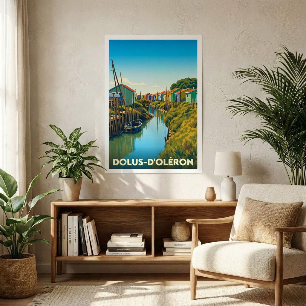 Affiche souvenir de la ville de Dolus-d'Oléron avec une illustration stylisée de cabanes colorées au bord de l'eau.