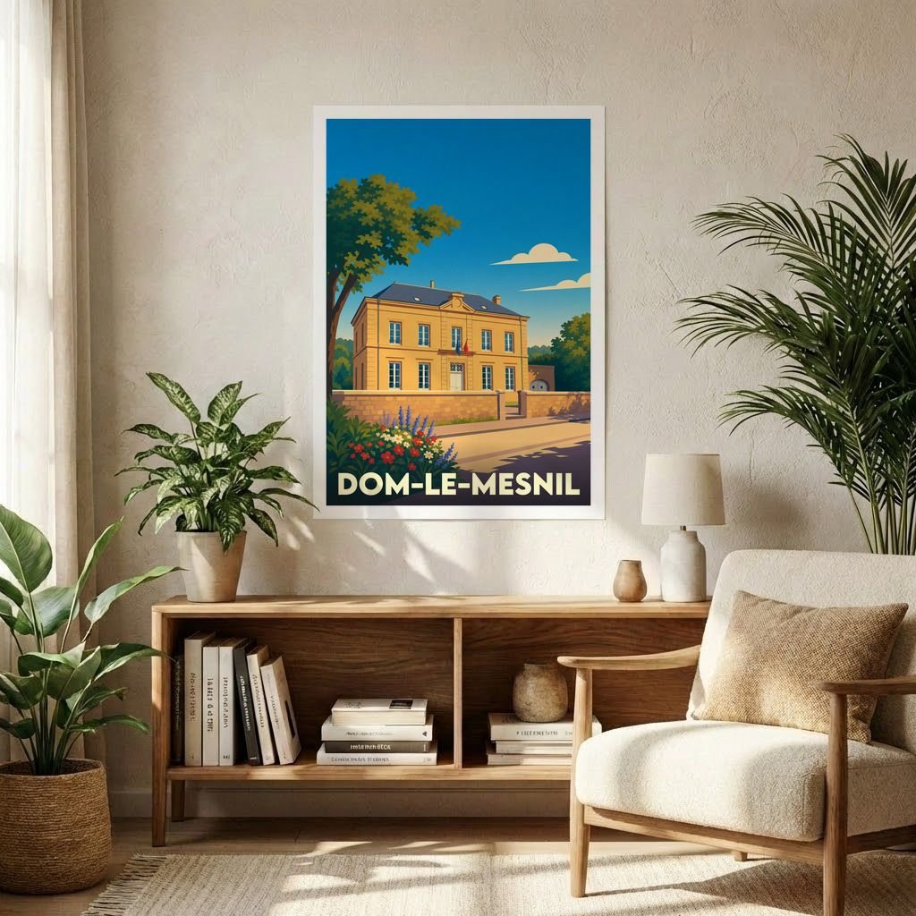 Affiche souvenir de la ville de Dom-le-Mesnil avec une illustration stylisée d'un bâtiment historique sous un ciel bleu.