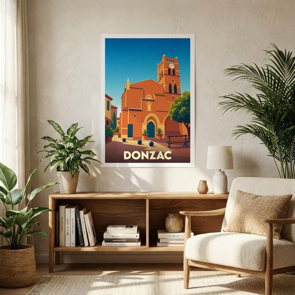 Affiche souvenir de la ville de Donzac représentant son église dans un style graphique épuré et coloré.