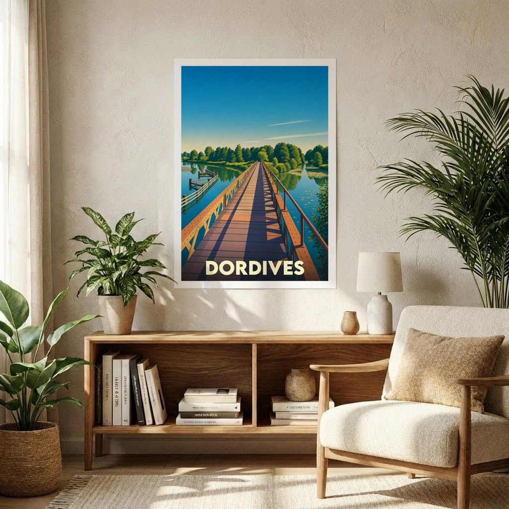 Affiche souvenir de la ville de Dordives avec une illustration stylisée d'un pont en bois traversant l'eau.