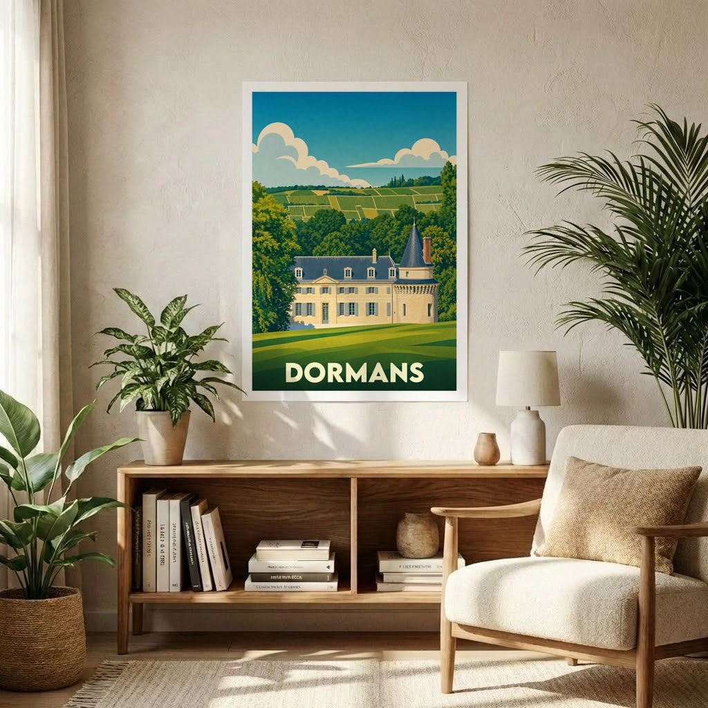 Affiche souvenir de la ville de Dormans avec une illustration stylisée de son château et de son paysage vallonné.
