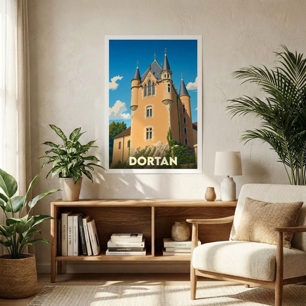 Affiche souvenir de la ville de Dortan avec une illustration stylisée de son château.