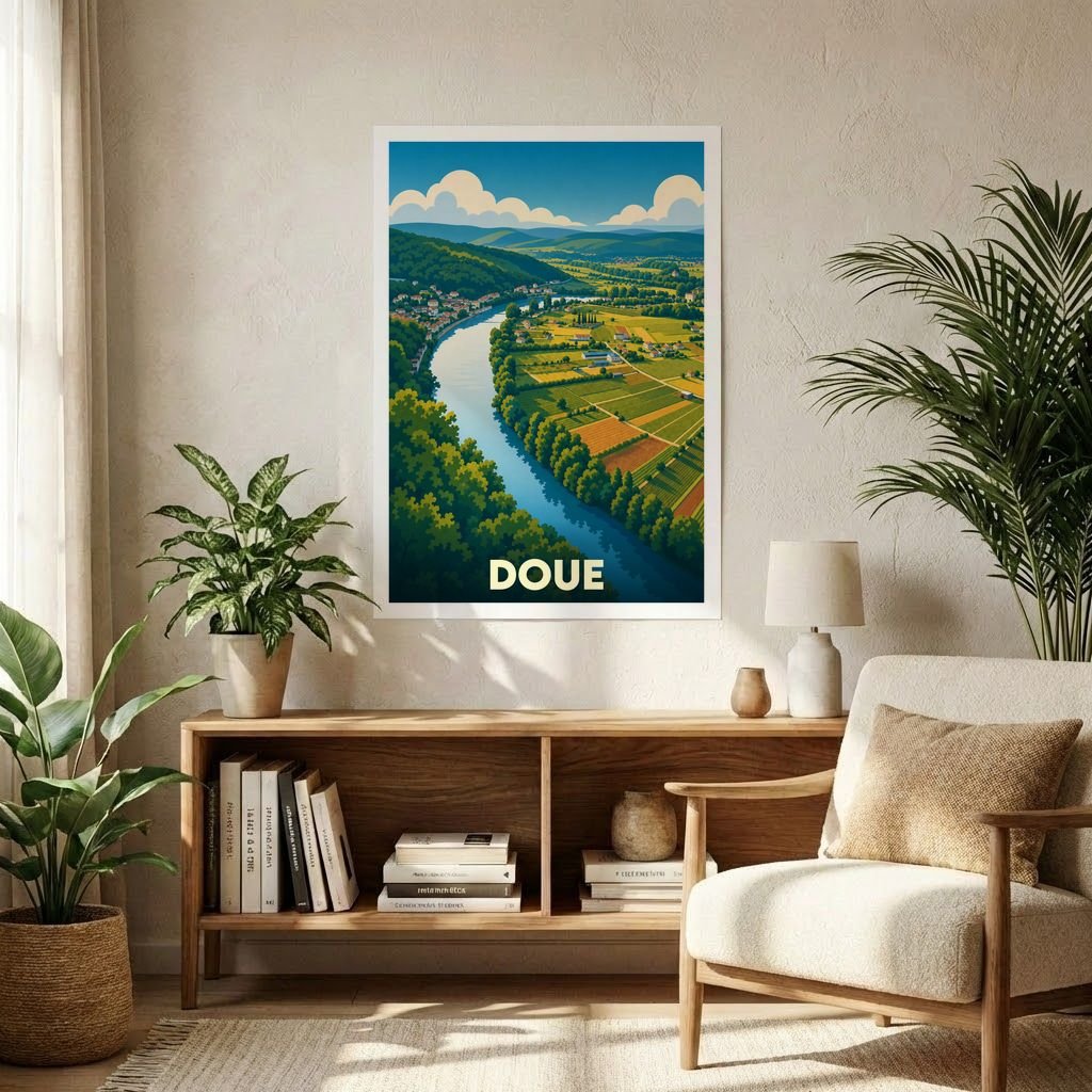 Affiche souvenir de la ville de Doue avec une illustration stylisée de paysages verdoyants en bord de rivière.