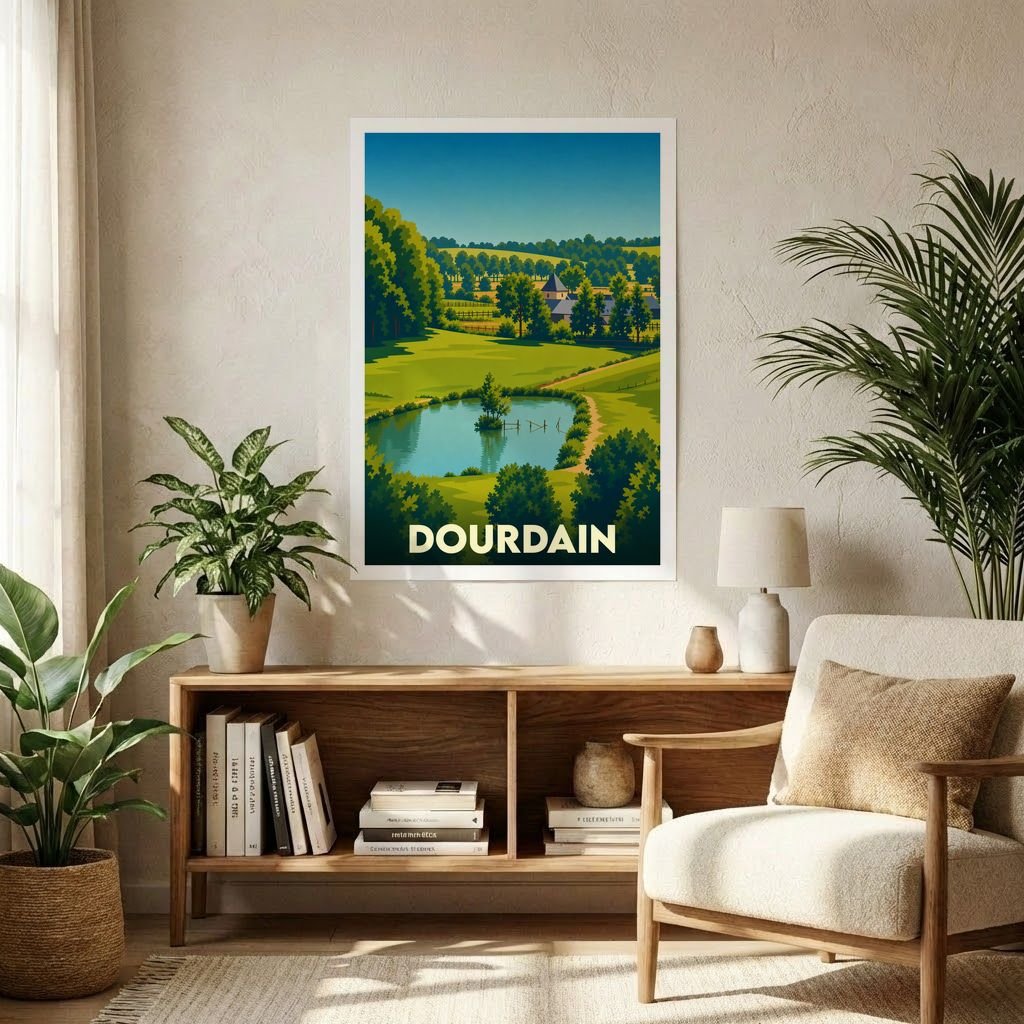 Affiche souvenir de la ville de Dourdain avec une illustration stylisée de son paysage champêtre.