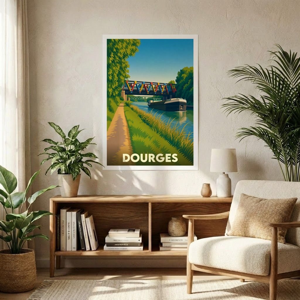 Affiche souvenir de la ville de Dourges représentant une illustration stylisée d'un canal et de son pont.
