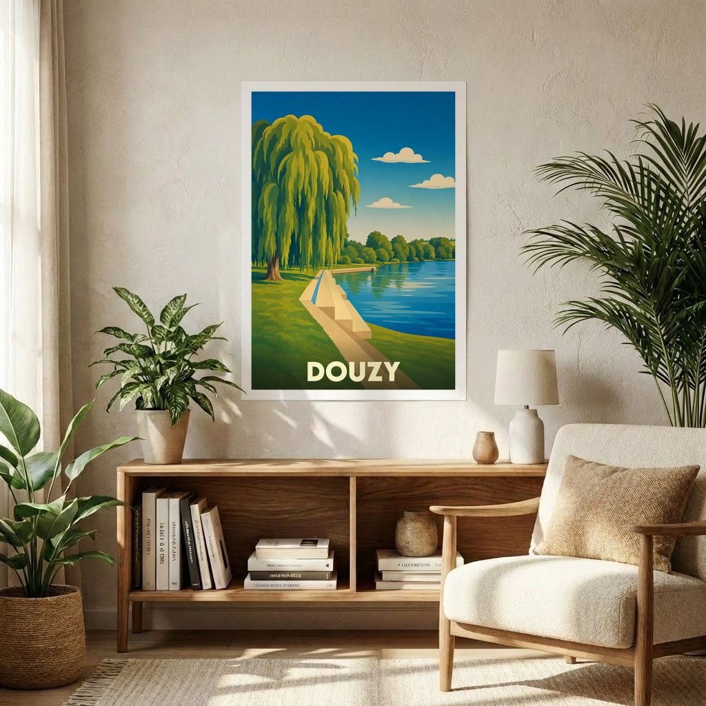 Affiche souvenir de la ville de Douzy représentant un paysage de lac au style vintage et coloré.