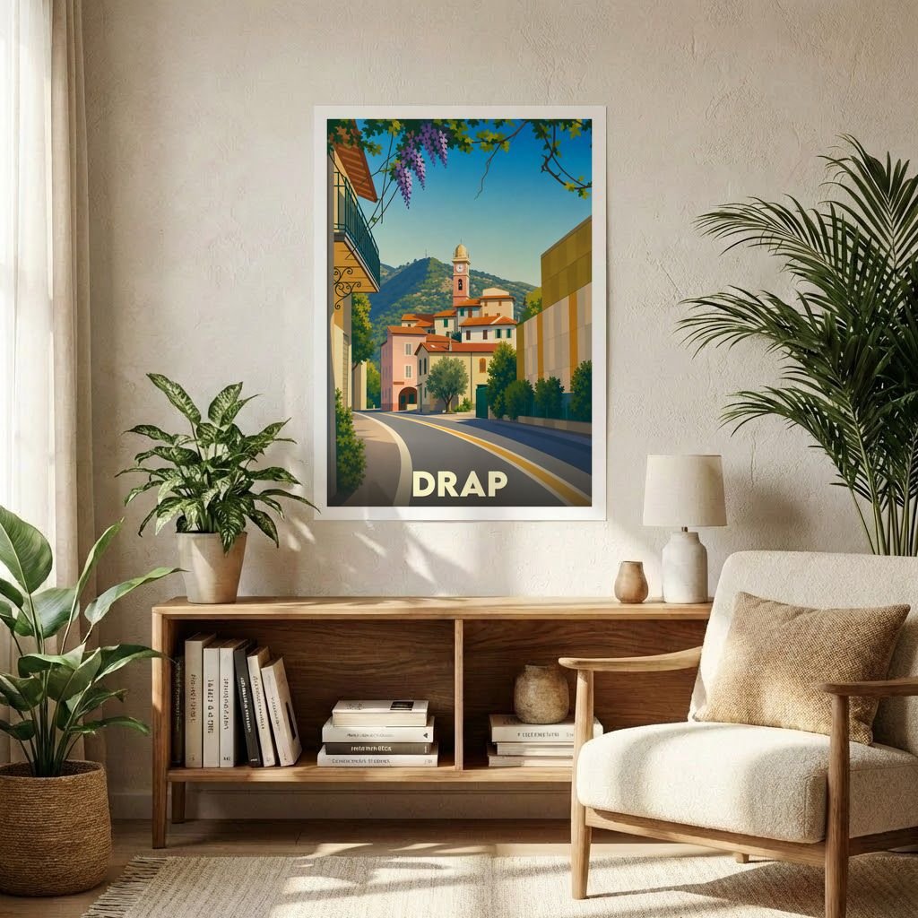 Affiche souvenir de la ville de Drap avec une illustration stylisée et colorée.