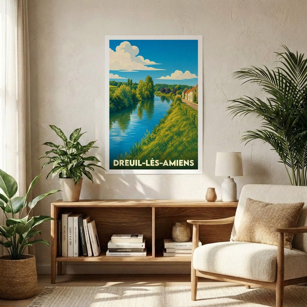Affiche souvenir de la ville de Dreuil-lès-Amiens représentant un paysage fluvial bucolique dans un style illustré.