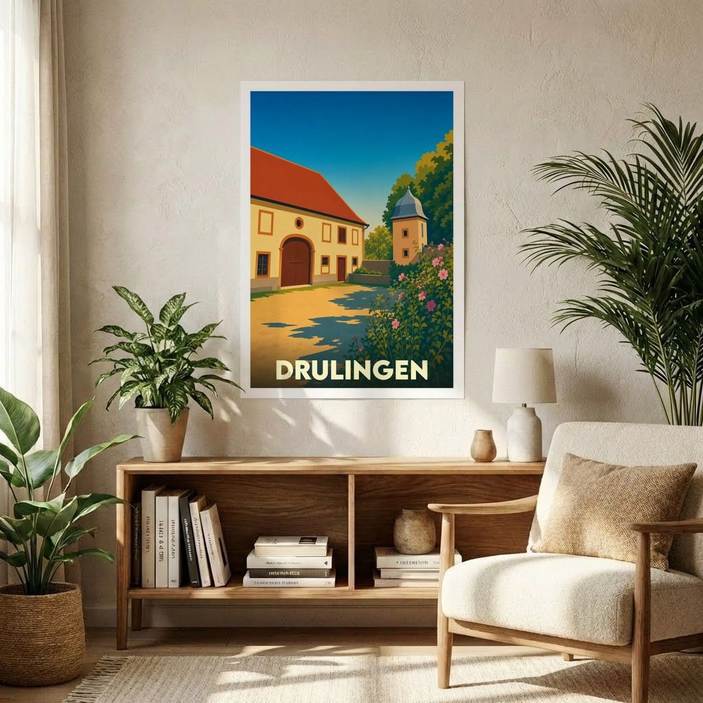 Affiche souvenir de la ville de Drulingen avec une illustration stylisée d'une bâtisse alsacienne.