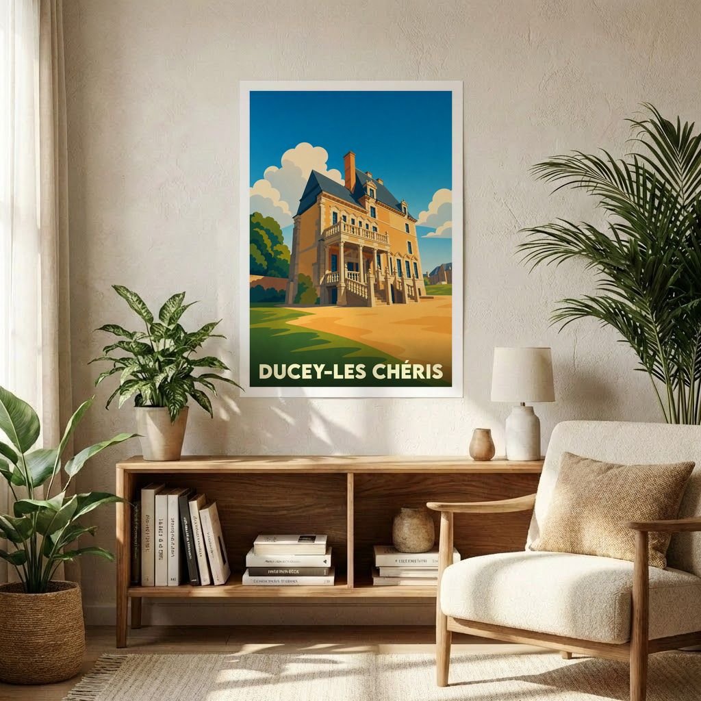 Affiche souvenir de la ville de Ducey-Les Chéris illustrant son château dans un style vintage coloré.