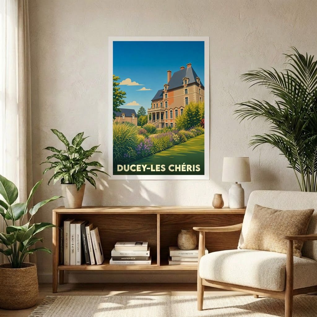 Affiche souvenir de la ville de Ducey-Les Chéris avec une illustration stylisée d'un château normand entouré de jardins.