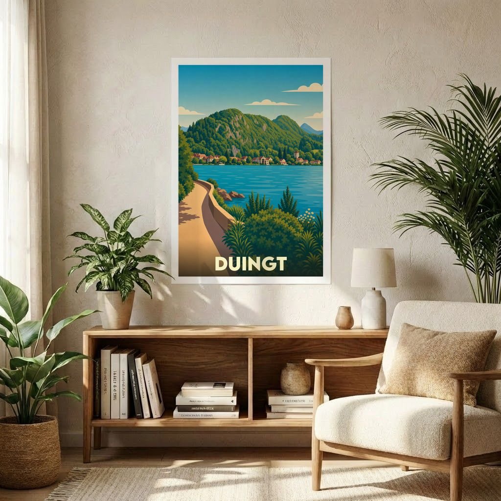 Affiche souvenir de la ville de Duingt avec une illustration stylisée d'un paysage lacustre et montagneux.