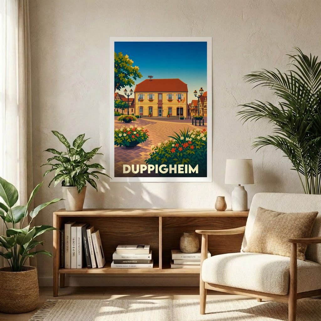 Affiche souvenir de la ville de Duppigheim illustrant une place fleurie et ensoleillée dans un style rétro.