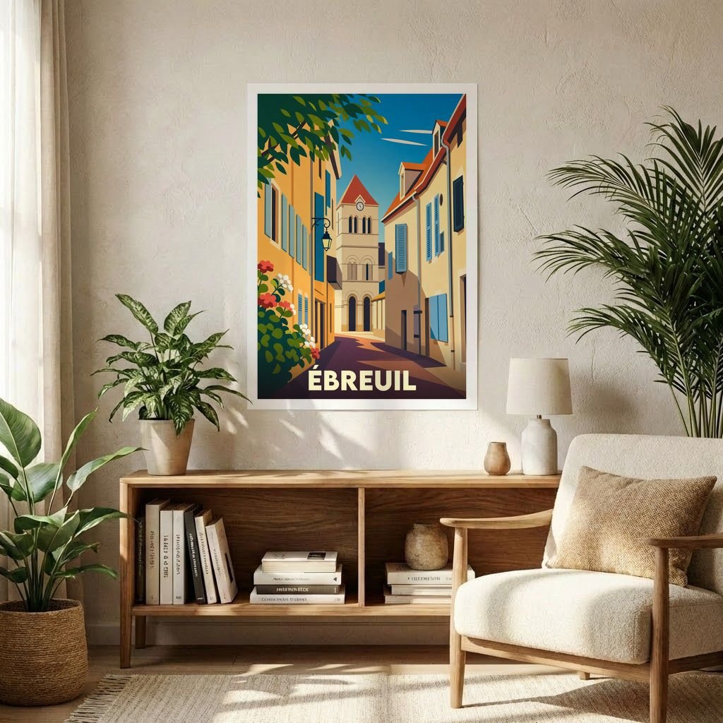 Affiche souvenir de la ville d'Ébreuil présentant une illustration stylisée d'une ruelle ensoleillée menant à son clocher typique.