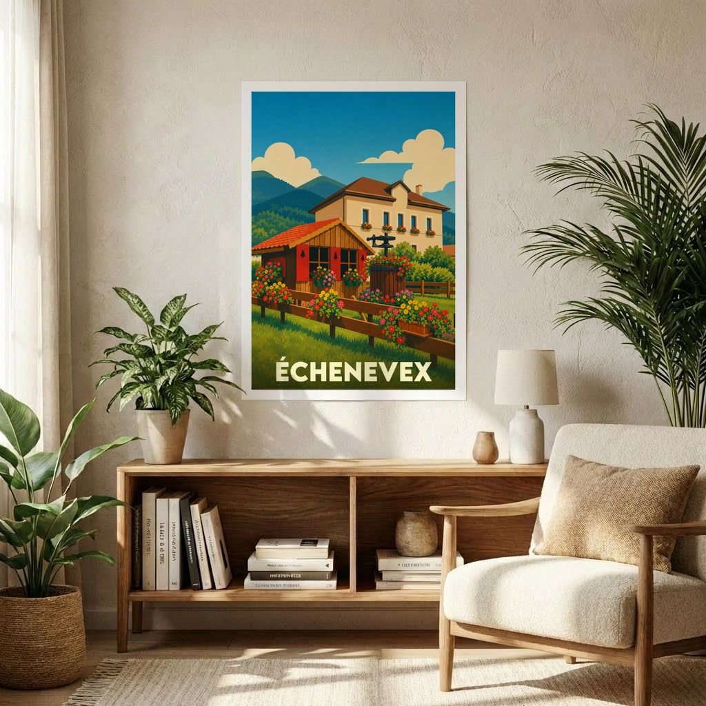 Affiche souvenir de la ville d'Échenevex avec une illustration stylisée et colorée de paysages et de bâtiments traditionnels.