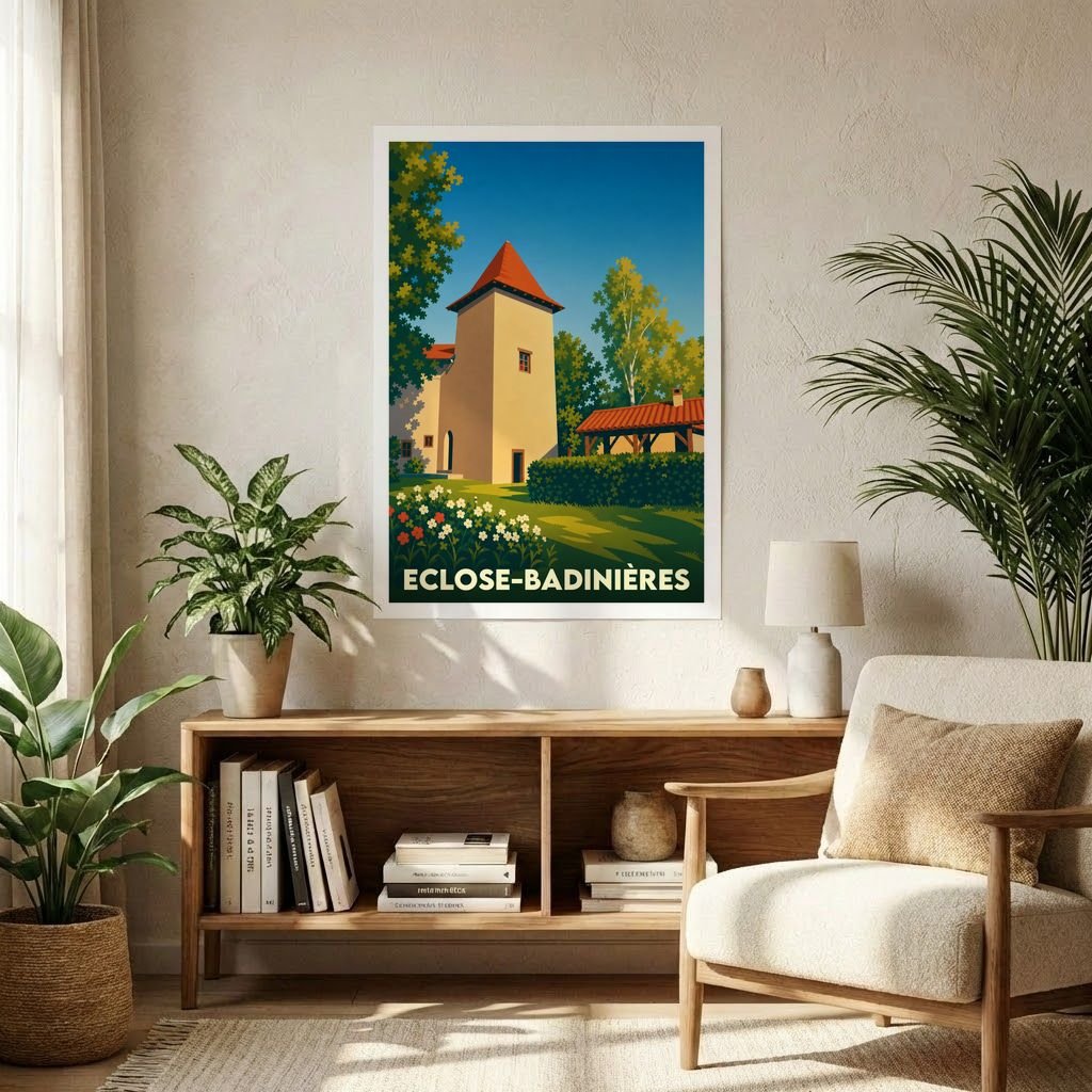 Affiche souvenir de la ville d'Eclose-Badinières avec une illustration stylisée d'un bâtiment historique et de jardins ensoleillés.