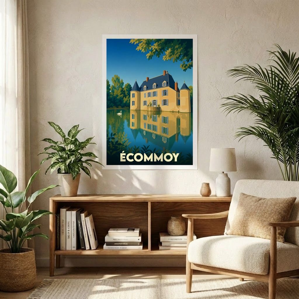 Affiche souvenir de la ville d'Écommoy avec une illustration stylisée d'un château se reflétant dans l'eau.