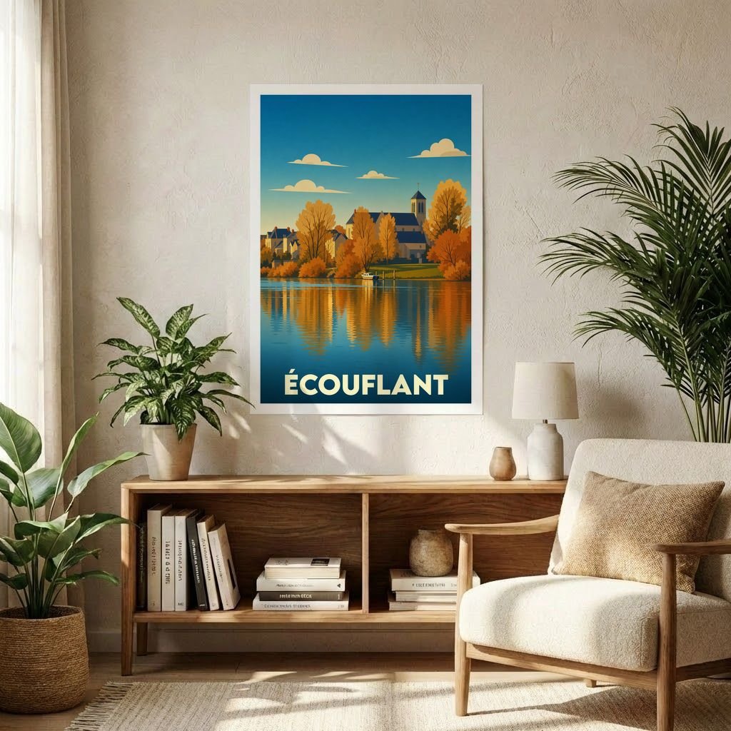 Affiche souvenir de la ville d'Écouflant présentant une illustration stylisée et colorée de ses paysages en bord d'eau.
