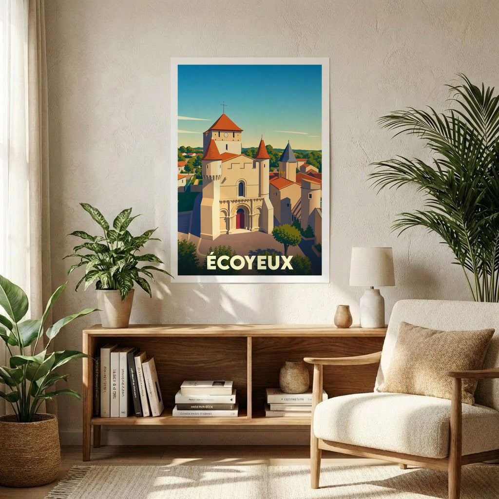 Affiche souvenir de la ville de Écoyeux avec une illustration stylisée d'une église romane.
