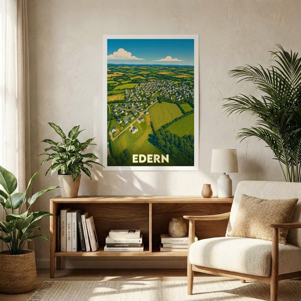 Affiche souvenir de la ville de Edern avec une illustration aérienne stylisée et colorée.