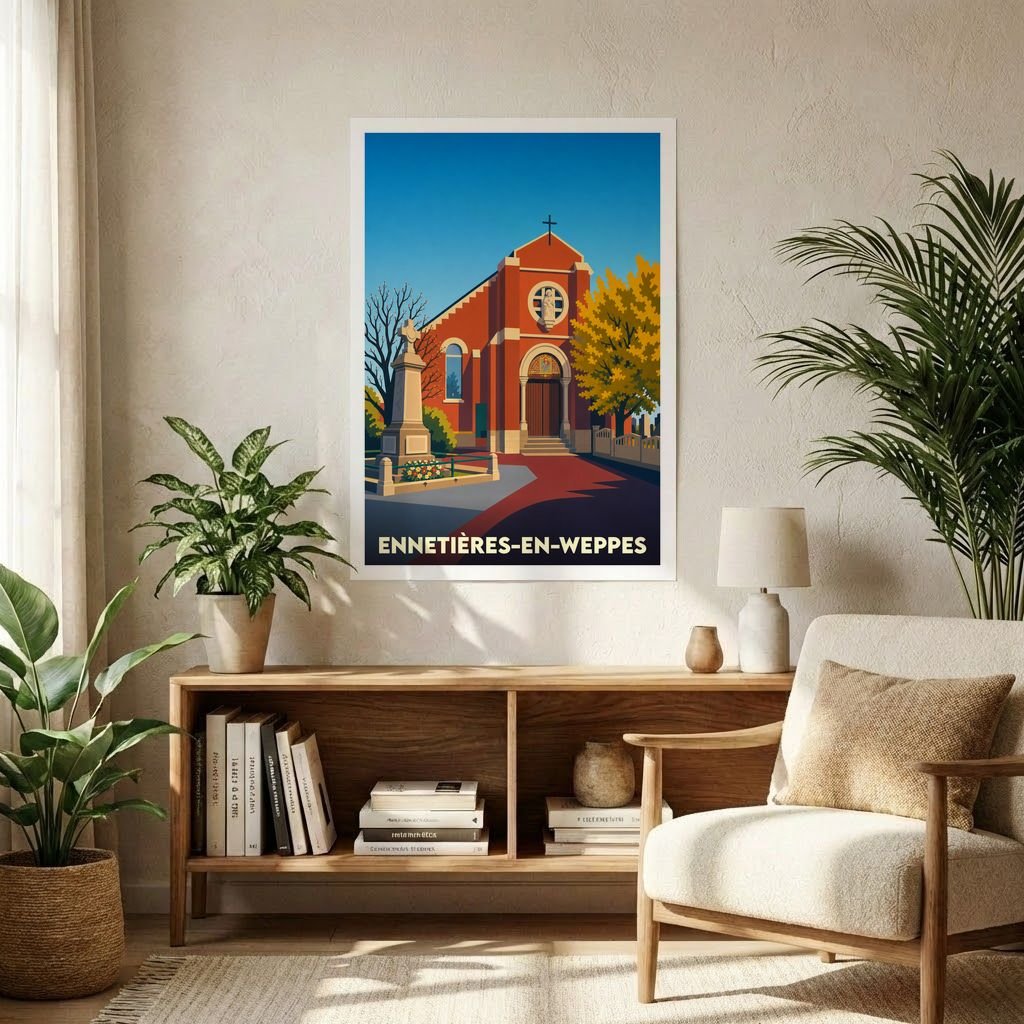 Affiche souvenir de la ville d'Ennetières-en-Weppes avec une illustration stylisée de son église et de son monument aux morts.