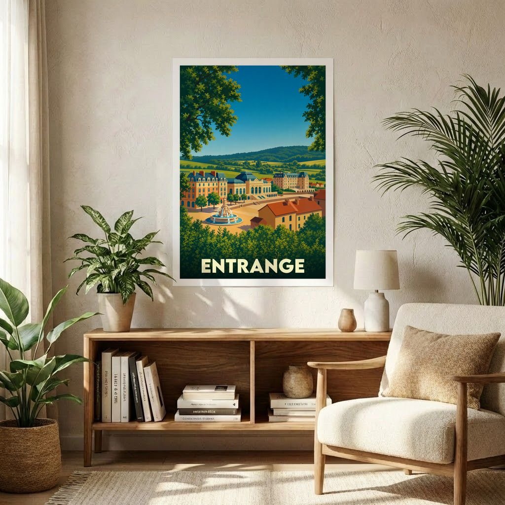 Affiche souvenir de la ville d'Entrange illustrant un paysage urbain et verdoyant dans un style rétro.