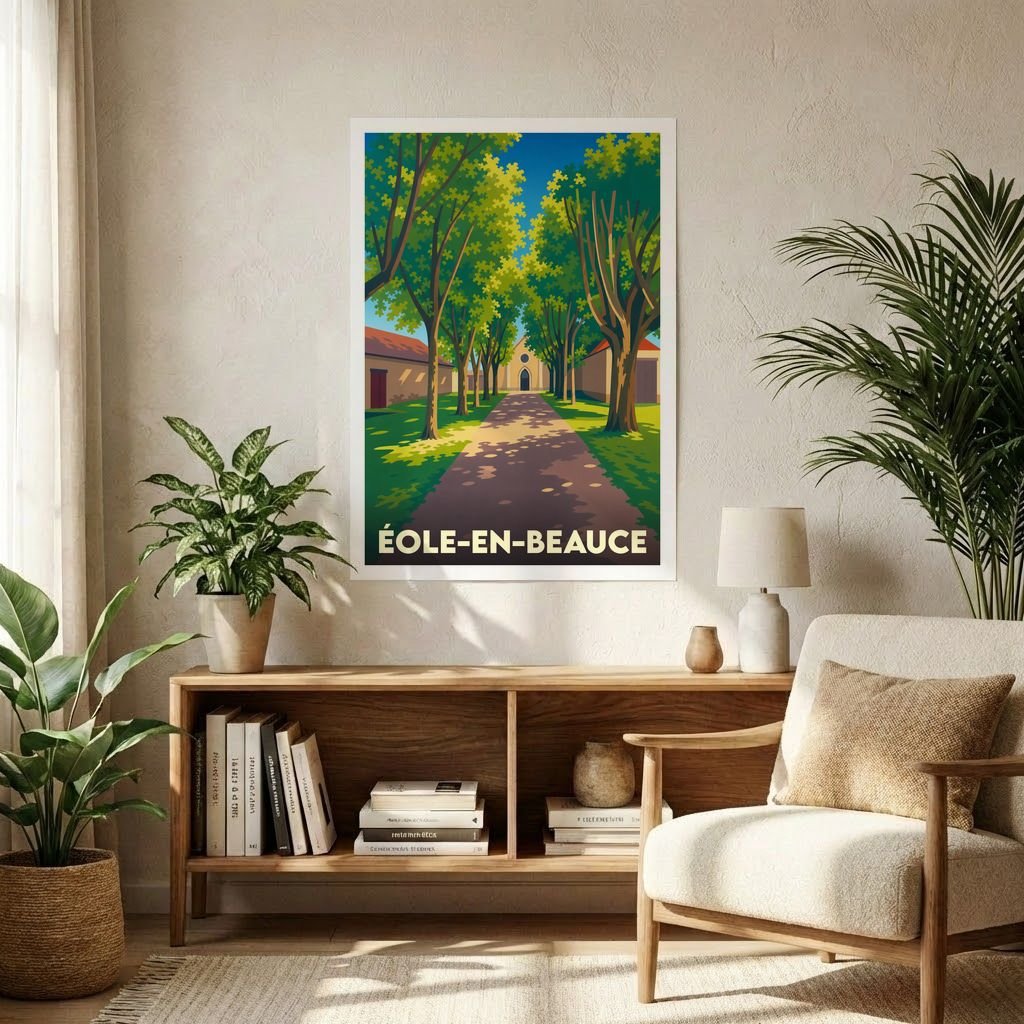 Affiche souvenir de la ville d'Éole-en-Beauce avec une illustration stylisée d'une allée arborée menant à un bâtiment historique.