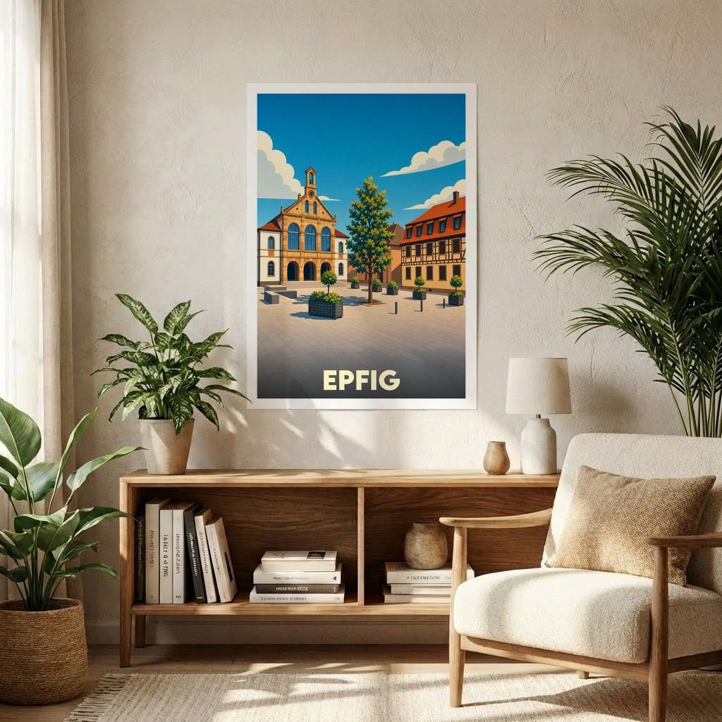 Affiche souvenir de la ville d'Epfig avec une illustration stylisée et colorée de sa place principale.