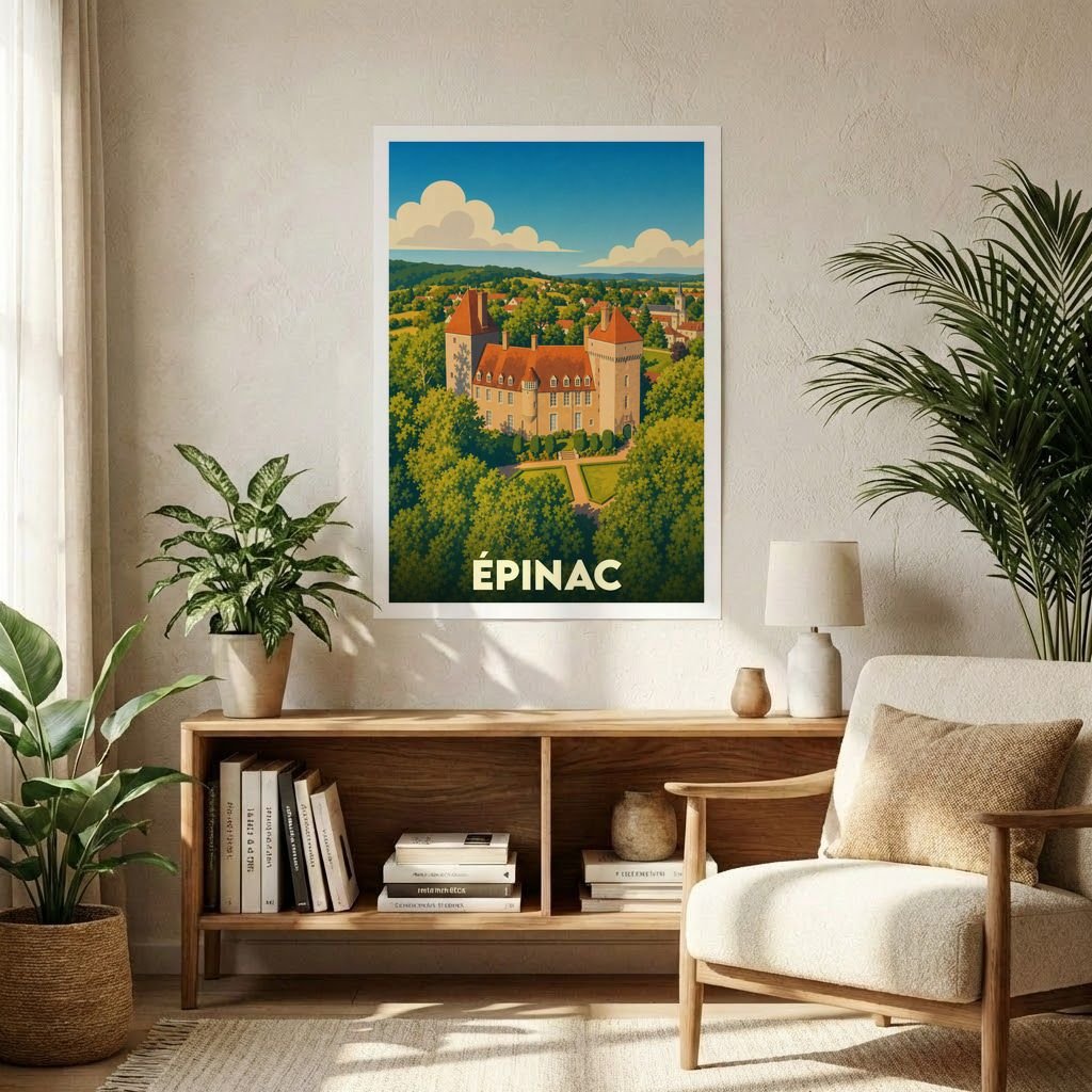 Affiche souvenir de la ville d'Épinac illustrant son château au cœur d'un paysage verdoyant et vallonné.