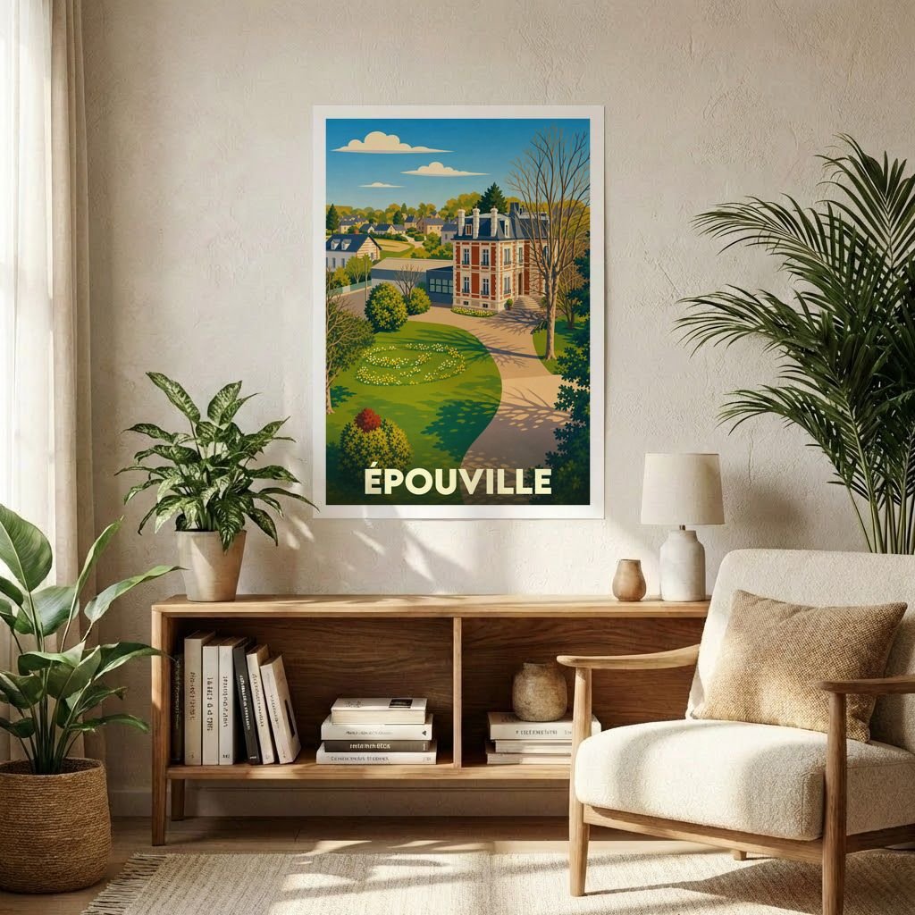 Affiche souvenir de la ville d’Épouville avec une illustration stylisée d’une grande demeure et de son parc.