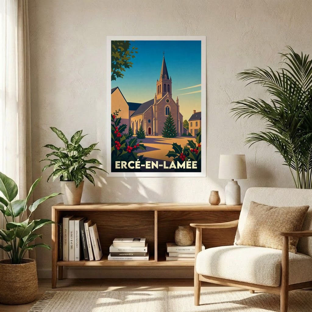 Affiche souvenir de la ville d'Ercé-en-Lamée illustrant son église dans un style graphique rétro.