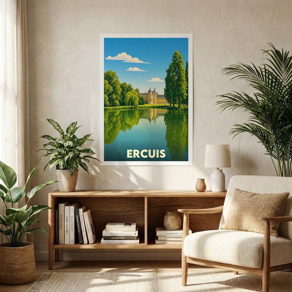 Affiche souvenir de la ville d'Ercuis avec une illustration stylisée d'un château se reflétant dans l'eau.