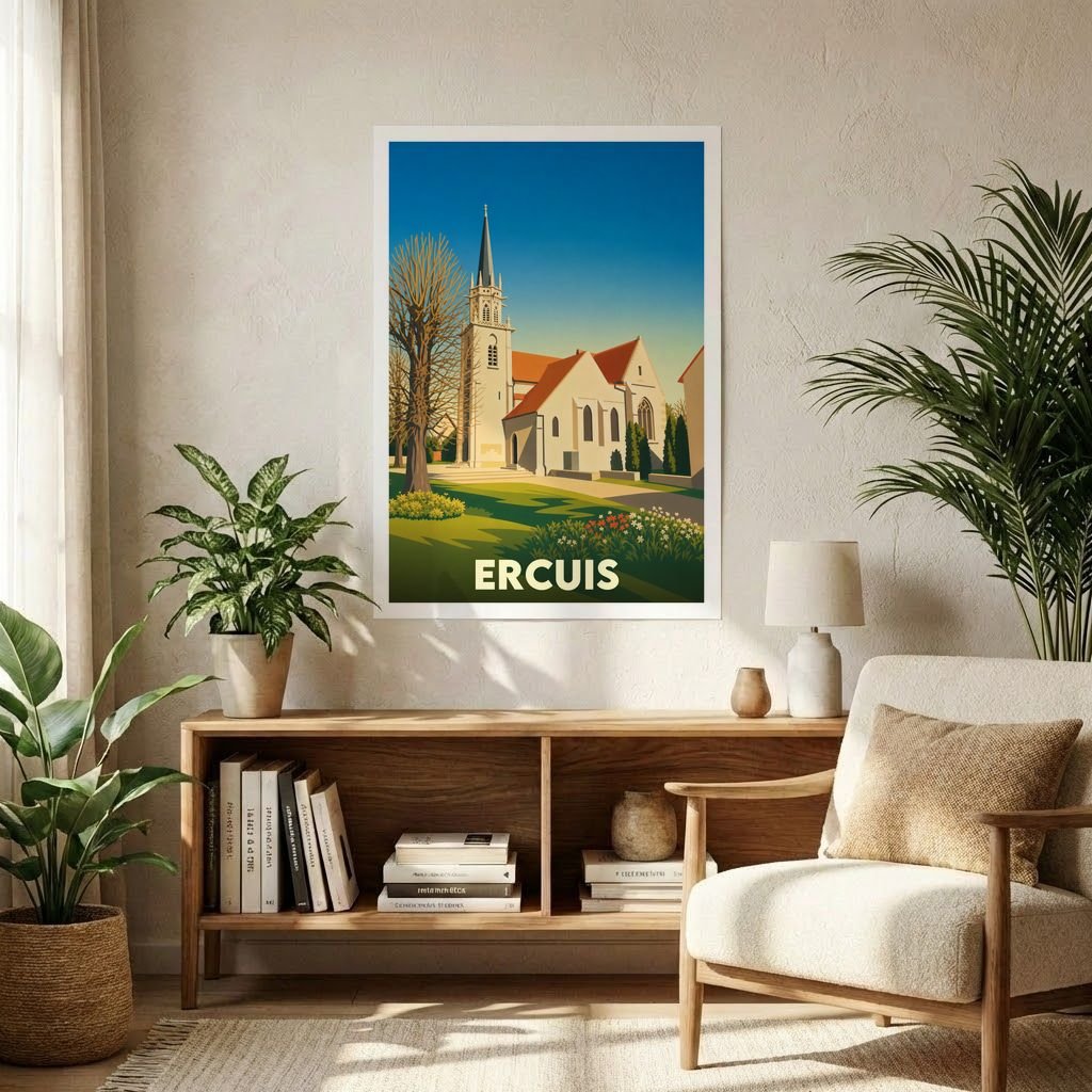 Affiche souvenir de la ville d'Ercuis représentant une illustration stylisée de son église et de son paysage.